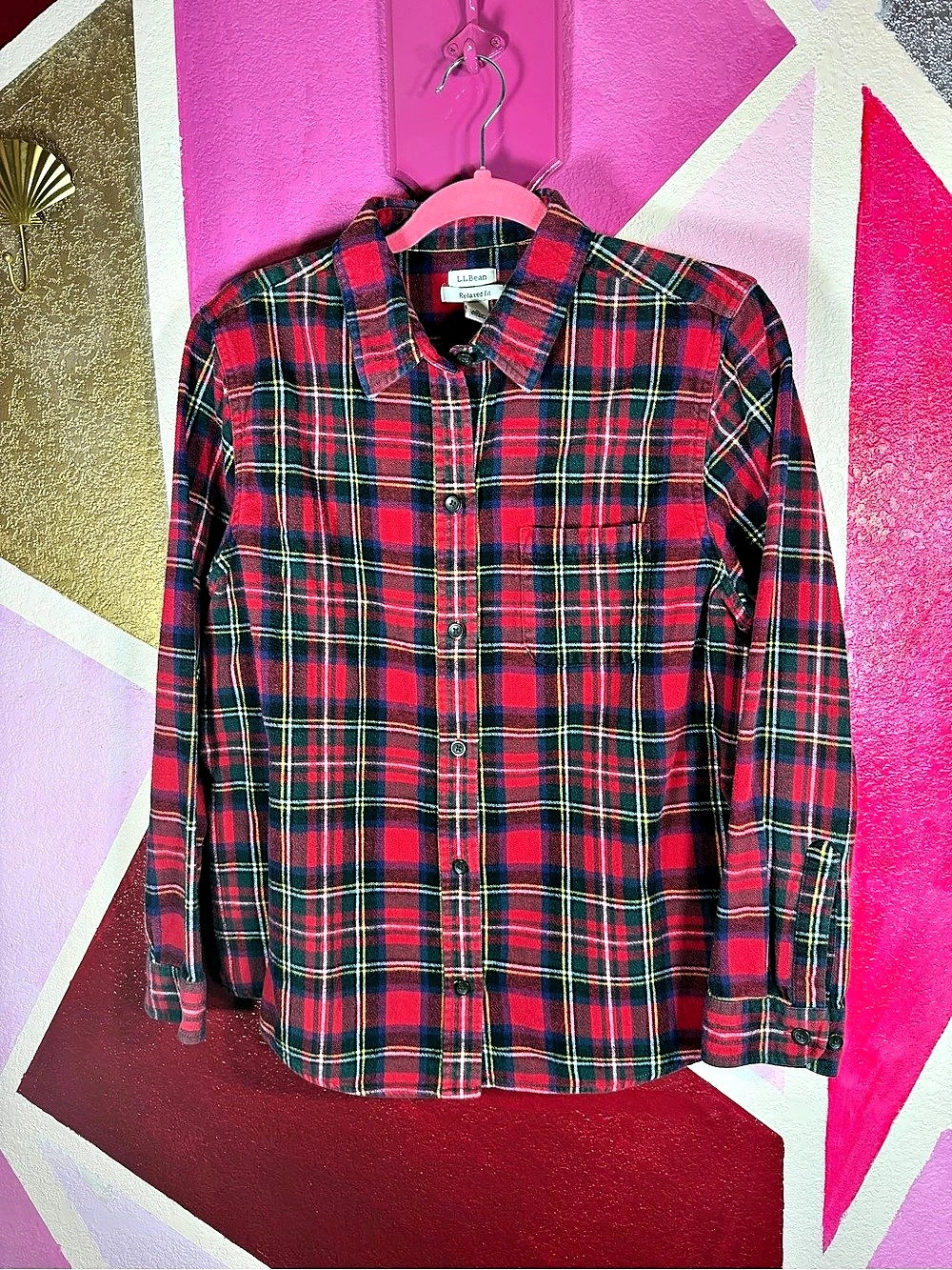 L.L.Bean Relaxed Fit Red Tartan Plaid Flannel Shirt Women's Large Petite